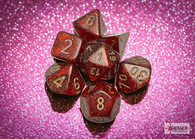 Dobbelsteenset Polyhedrale Glitter Robijn/Goud D6 (7)