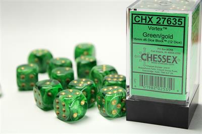 Dobbelsteenset Vortex 16mm Groen-Goud D6 (12)