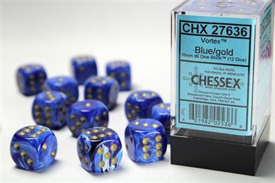 Dobbelsteenset Vortex 16mm Blauw-Goud D6 (12)
