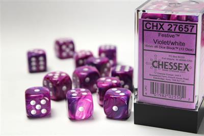 Dobbelsteenset Fest 16mm Violet-Wit D6 (12)