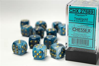 Dobbelsteenset Phantom 16mm Teal-Gold D6 (12)