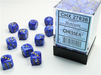 Dobbelsteenset Vortex 12mm Blauw-Goud D6 (36)