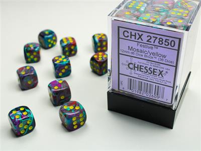 Dobbelsteenset Feestelijk 12mm Mozaïek/Geel D6 (36)