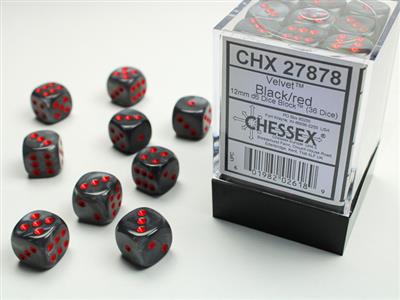 Dobbelsteenset Fluweel 12mm Zwart-Rood D6 (36)