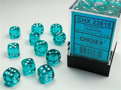 Dobbelsteenset Trans Teal/Wit 12mm (36)