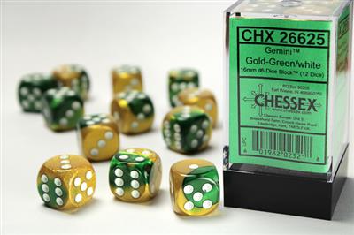 Dobbelsteenset Gemi 16mm Goud-Groen Wit D6 (12)