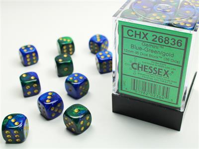 Dobbelsteenset Gemi 15mm Blauwgroen Goud D6 (36)