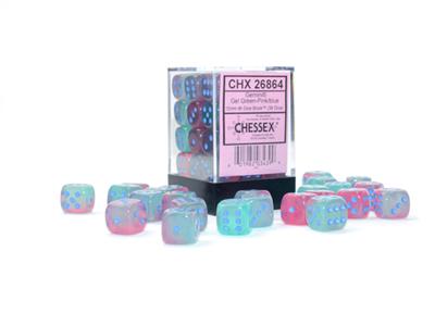 Dobbelsteenset Gemini Lum Groen-Roze/Blauw 12mm D6 (36)