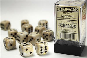 Dobbelsteenset Marb 16mm Ivoor-Zwart D6 (12)