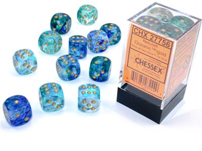 Dobbelstenen set nebula lum oceanisch/goud 16 mm d6 (12)