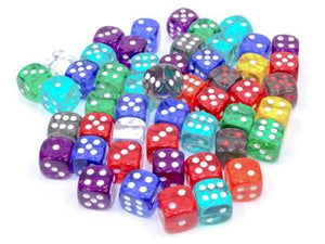 Dobbelstenen Zak van 50 Asst. Losse Trans. 12mm D6 met stippen