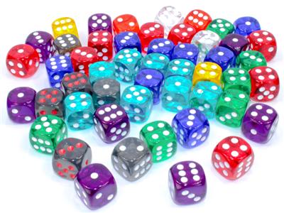 Dobbelstenen Zak van 50 Asst. Losse Trans. 16mm D6 met stippen
