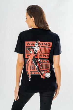 DC Comics T-shirt Harley Quinn voorkant achterkant waarschuwing