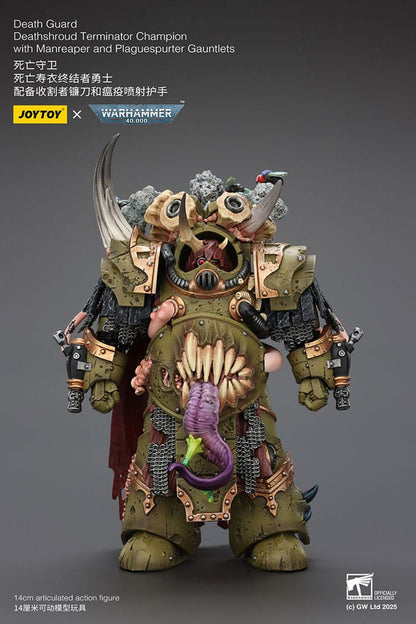 Warhammer 40k actiefiguur 1/18 Death Guard Deathshroud Terminator Champion met Manreaper en Plaguespurter handschoenen 14 cm