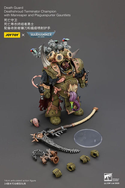 Warhammer 40k actiefiguur 1/18 Death Guard Deathshroud Terminator Champion met Manreaper en Plaguespurter handschoenen 14 cm