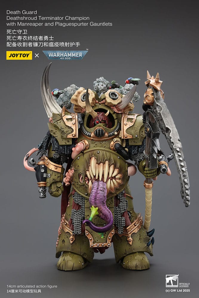 Warhammer 40k actiefiguur 1/18 Death Guard Deathshroud Terminator Champion met Manreaper en Plaguespurter handschoenen 14 cm