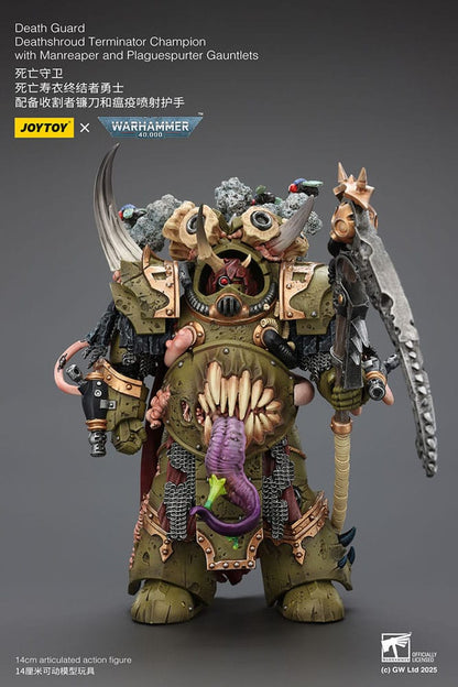 Warhammer 40k actiefiguur 1/18 Death Guard Deathshroud Terminator Champion met Manreaper en Plaguespurter handschoenen 14 cm