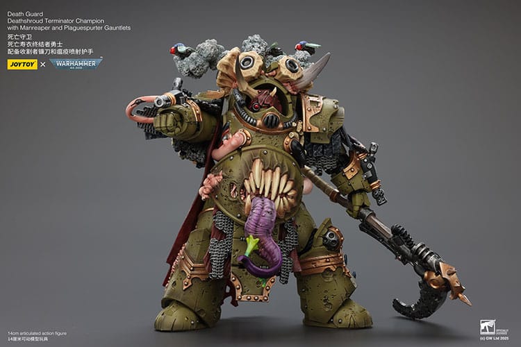 Warhammer 40k actiefiguur 1/18 Death Guard Deathshroud Terminator Champion met Manreaper en Plaguespurter handschoenen 14 cm