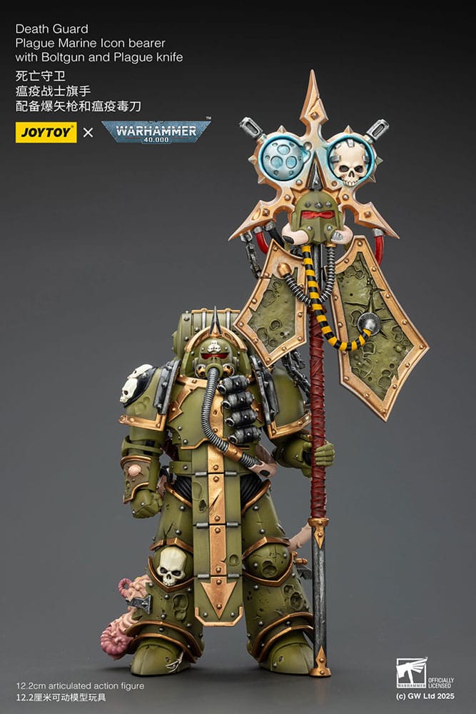 Warhammer 40.000 Action Figure Death Guard Plague Marine Icoondrager met Boltgun en Plague-mes 12 cm