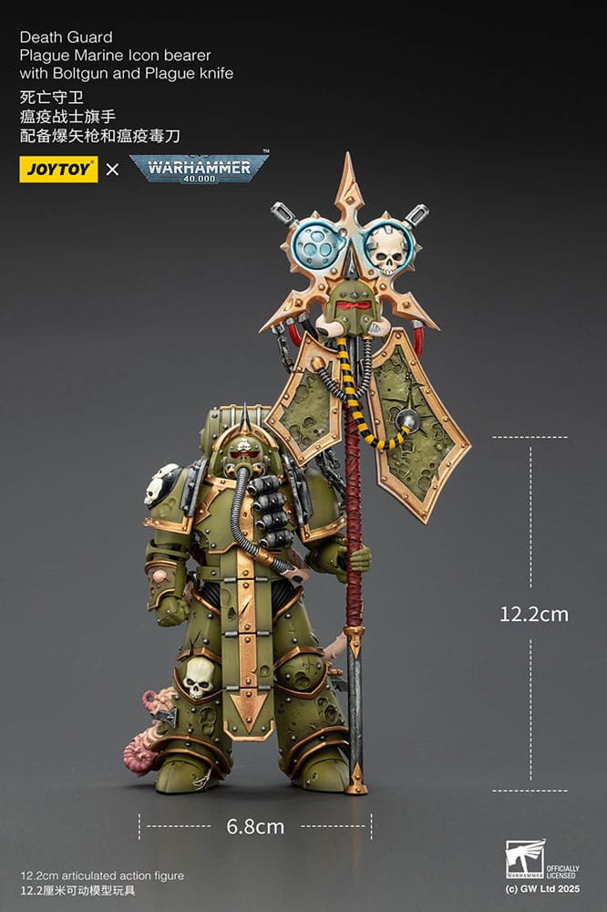 Warhammer 40.000 Action Figure Death Guard Plague Marine Icoondrager met Boltgun en Plague-mes 12 cm