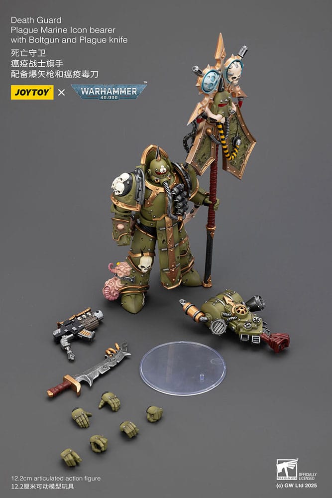 Warhammer 40.000 Action Figure Death Guard Plague Marine Icoondrager met Boltgun en Plague-mes 12 cm