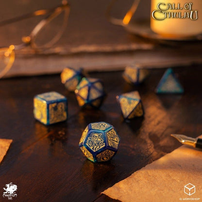 Call of Cthulhu 7e editie dobbelstenen set van 7 blauwgroen en goud