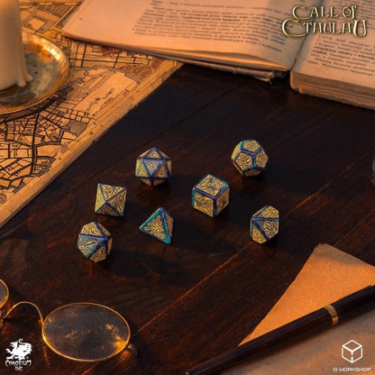 Call of Cthulhu 7e editie dobbelstenen set van 7 blauwgroen en goud