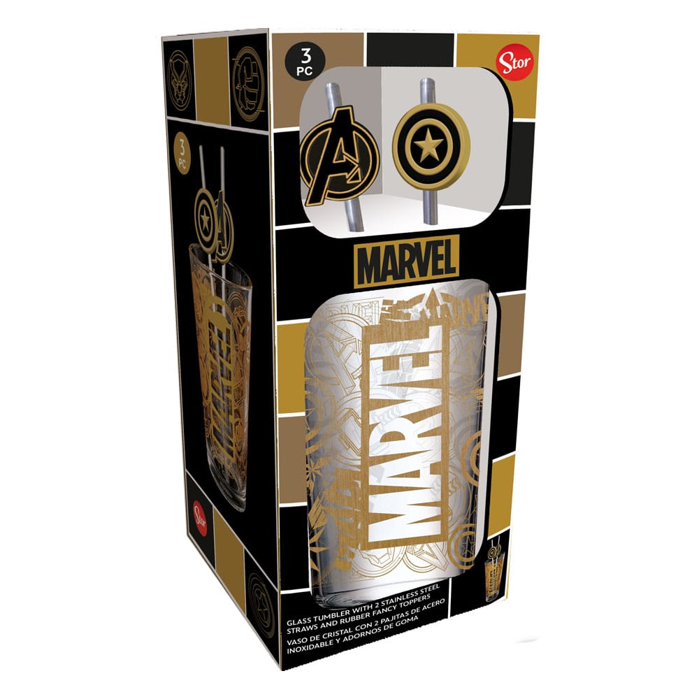 Marvel glazen beker met rietjeslogo & Avengers 485 ml
